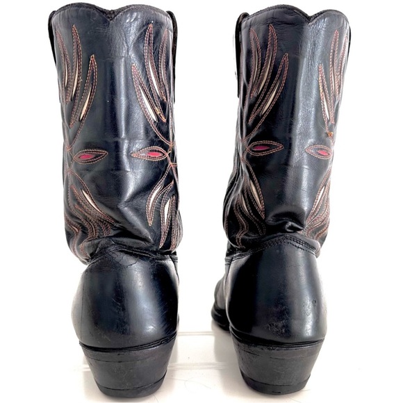 Vintage Cowboy Boots Black Embroidered Genuine Leather - Picture 2 of 5